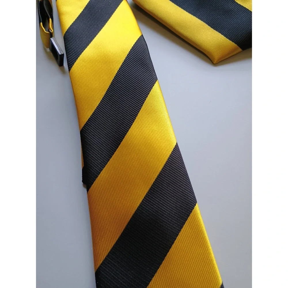 Boys Easy Zipper Tie‎ / Pocket Square Set (One Size) Black Yellow Repp Tie